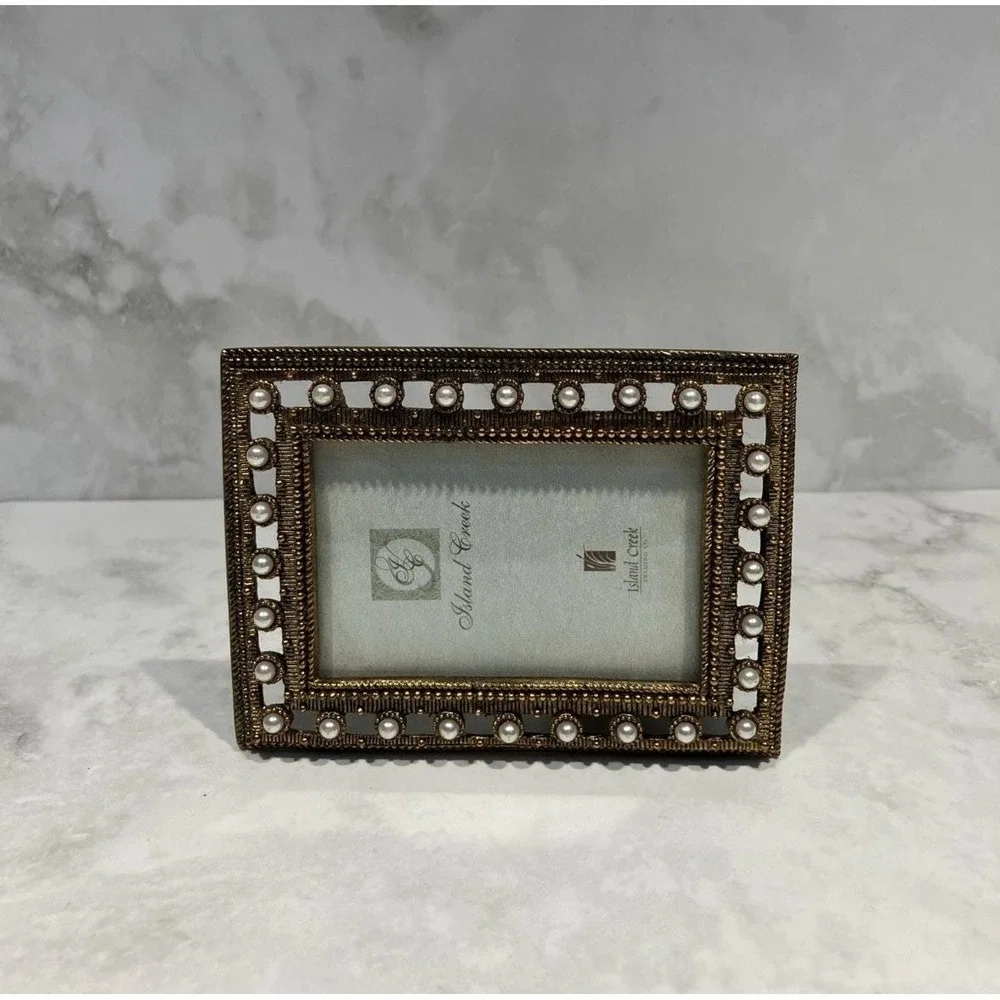 Island Creek Pearl Embellished Reticulated Gold Tone Metal Picture Frame 2x3
